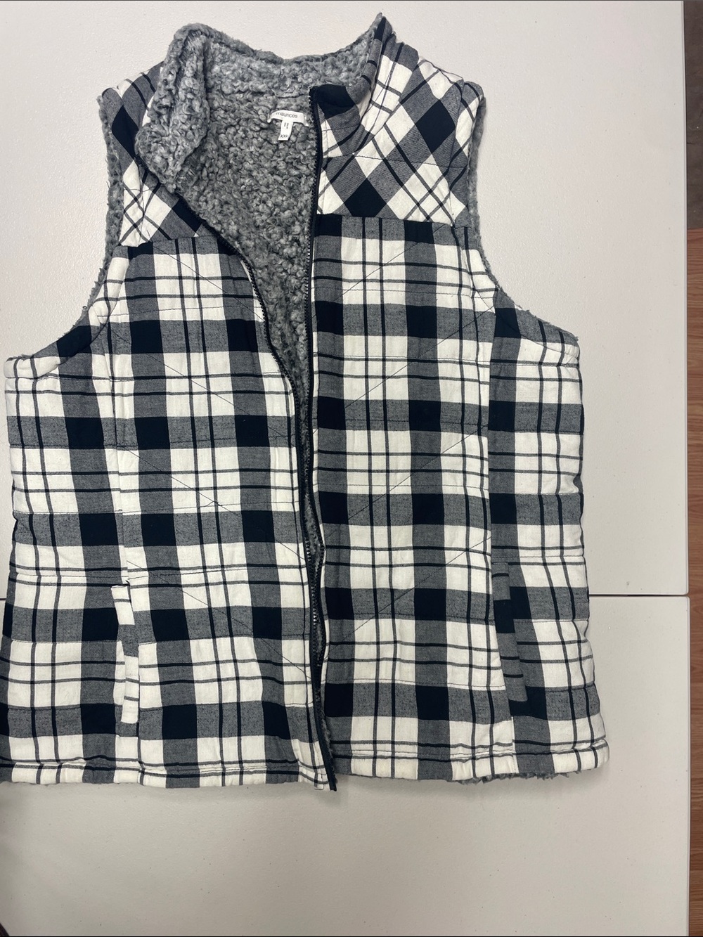 Maurices Gray and White Plaid Sherpa-Lined Vest